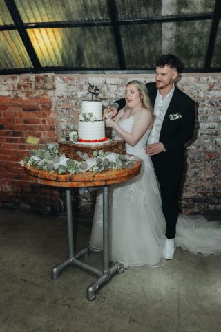 Mr and Mrs Cutting Cake with Natural Makeup and subtle eye definition